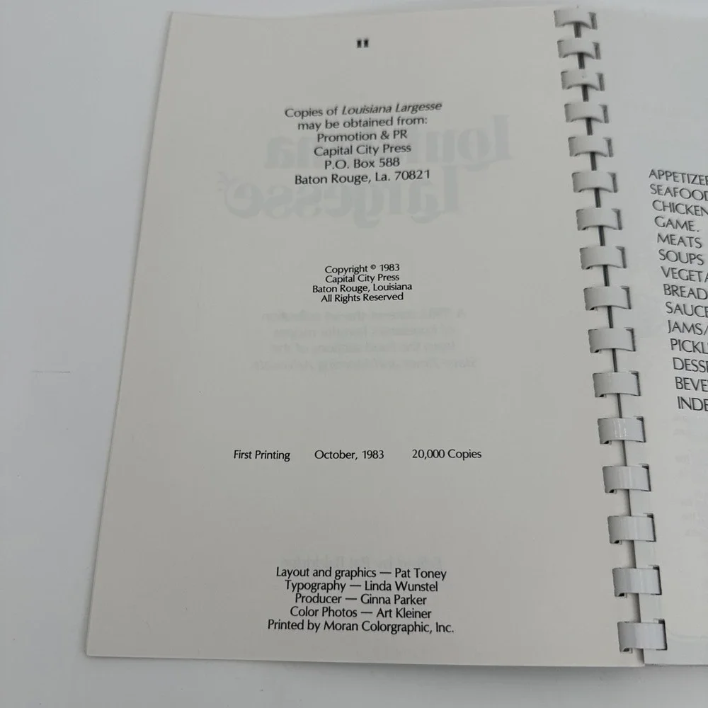 Louisiana Largesse Cookbook Pat Baldridge 1983 Cajun Creole Southern Recipes